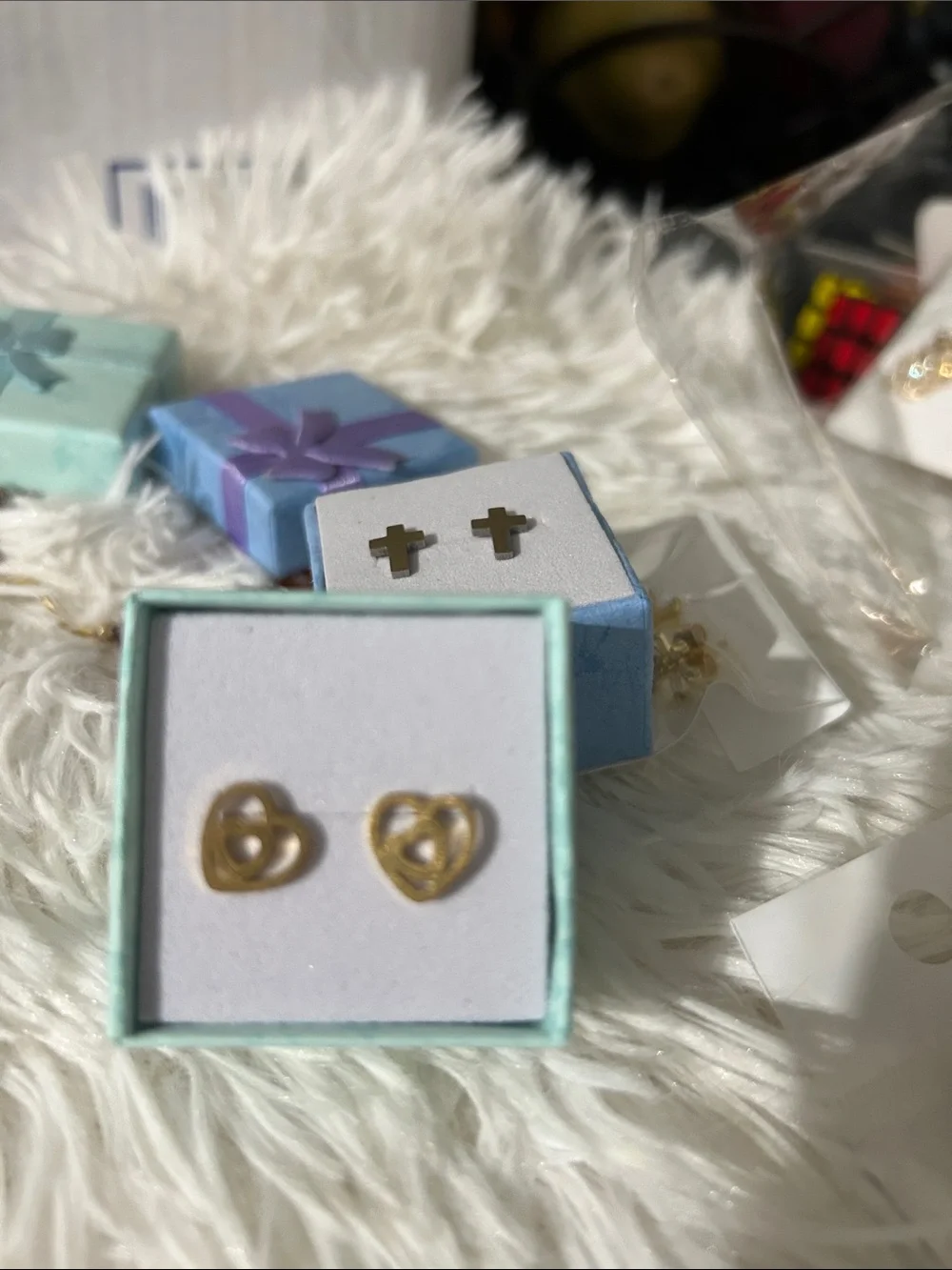 Kids Gold Heart and Silver Cross Stud Earrings Set